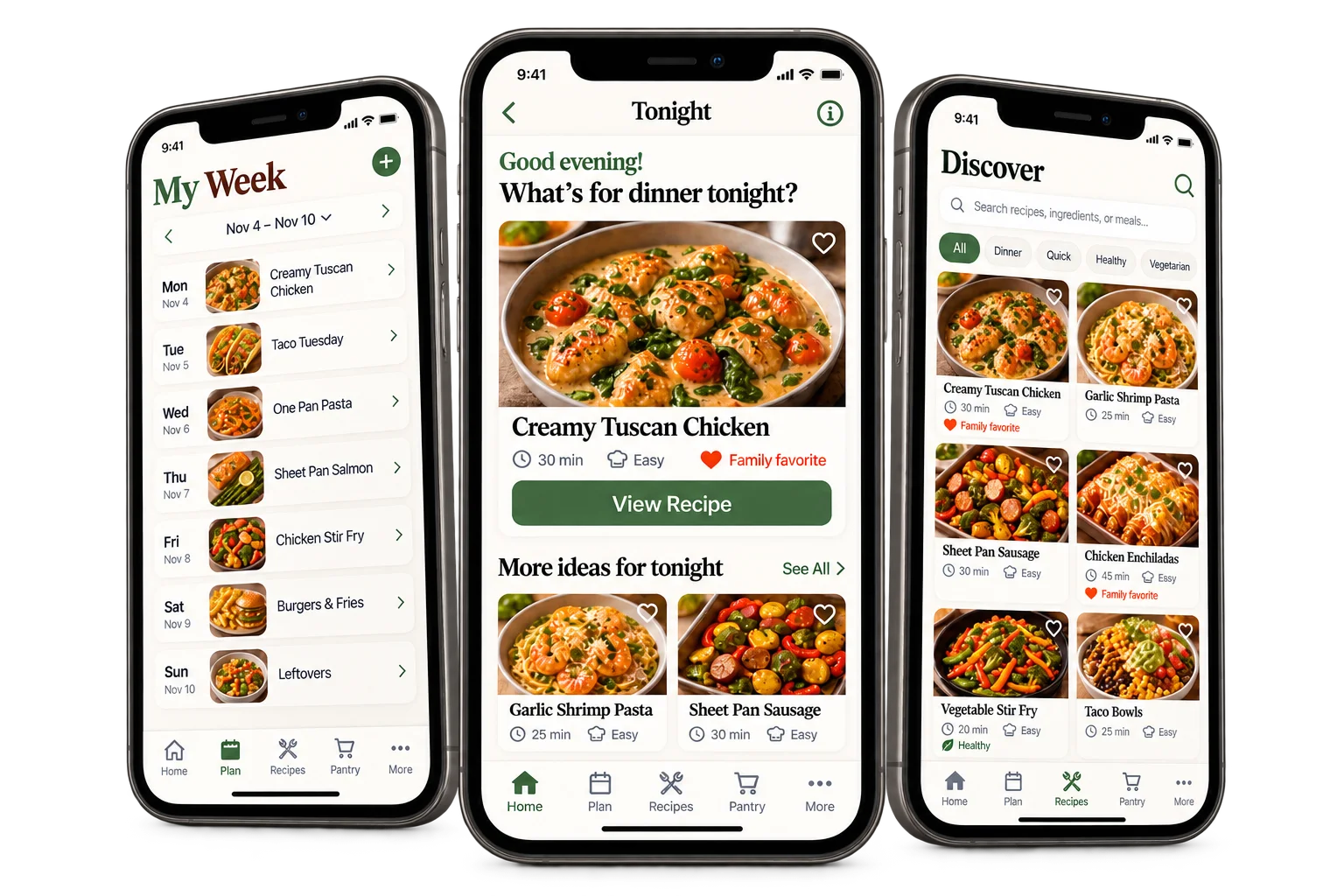 GravyTime app shown on three phones with weekly planning, Tonight, and recipe discovery screens.