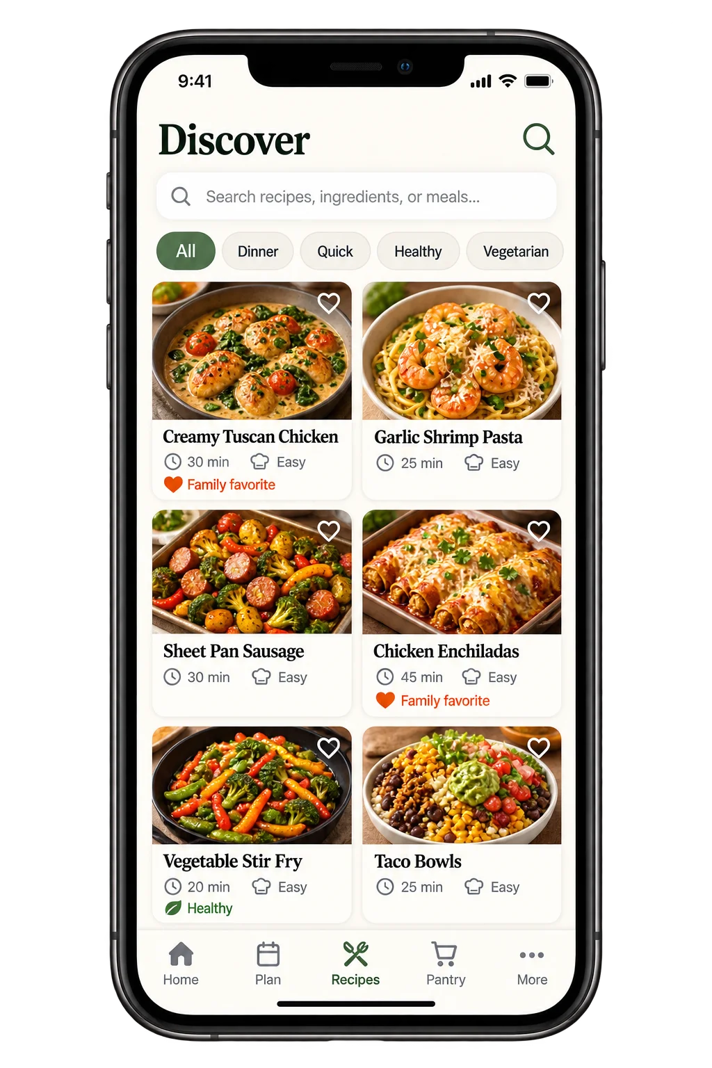 GravyTime recipe discovery screen with recipe search and suggestions.