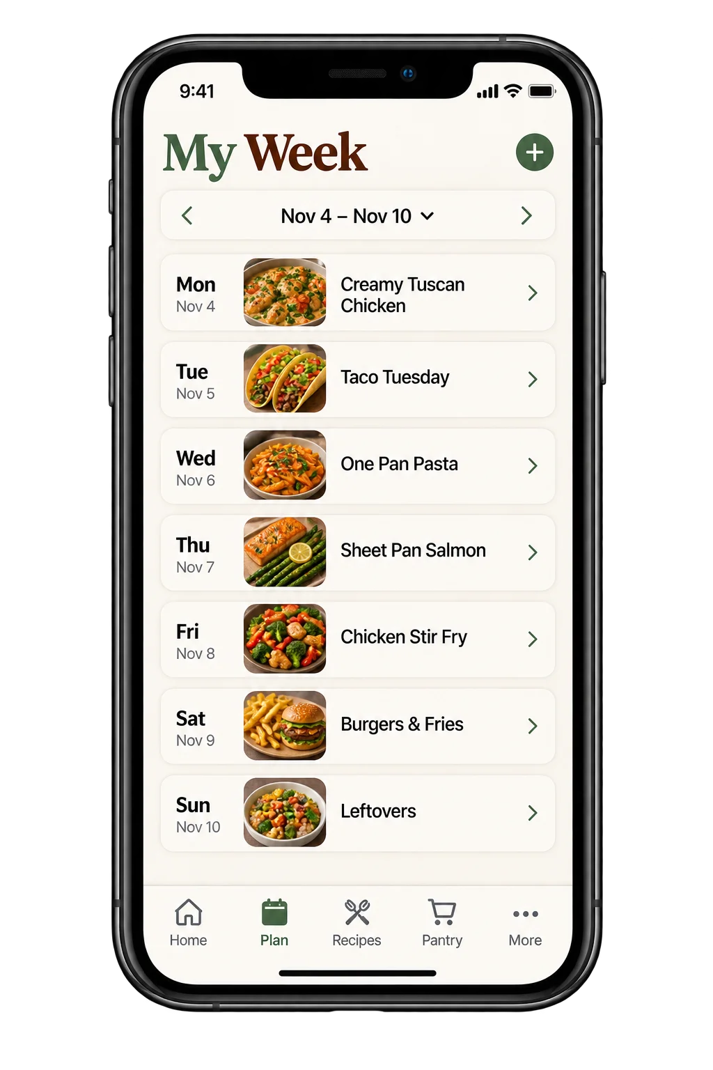 GravyTime My Week meal planner showing dinners scheduled across the week.