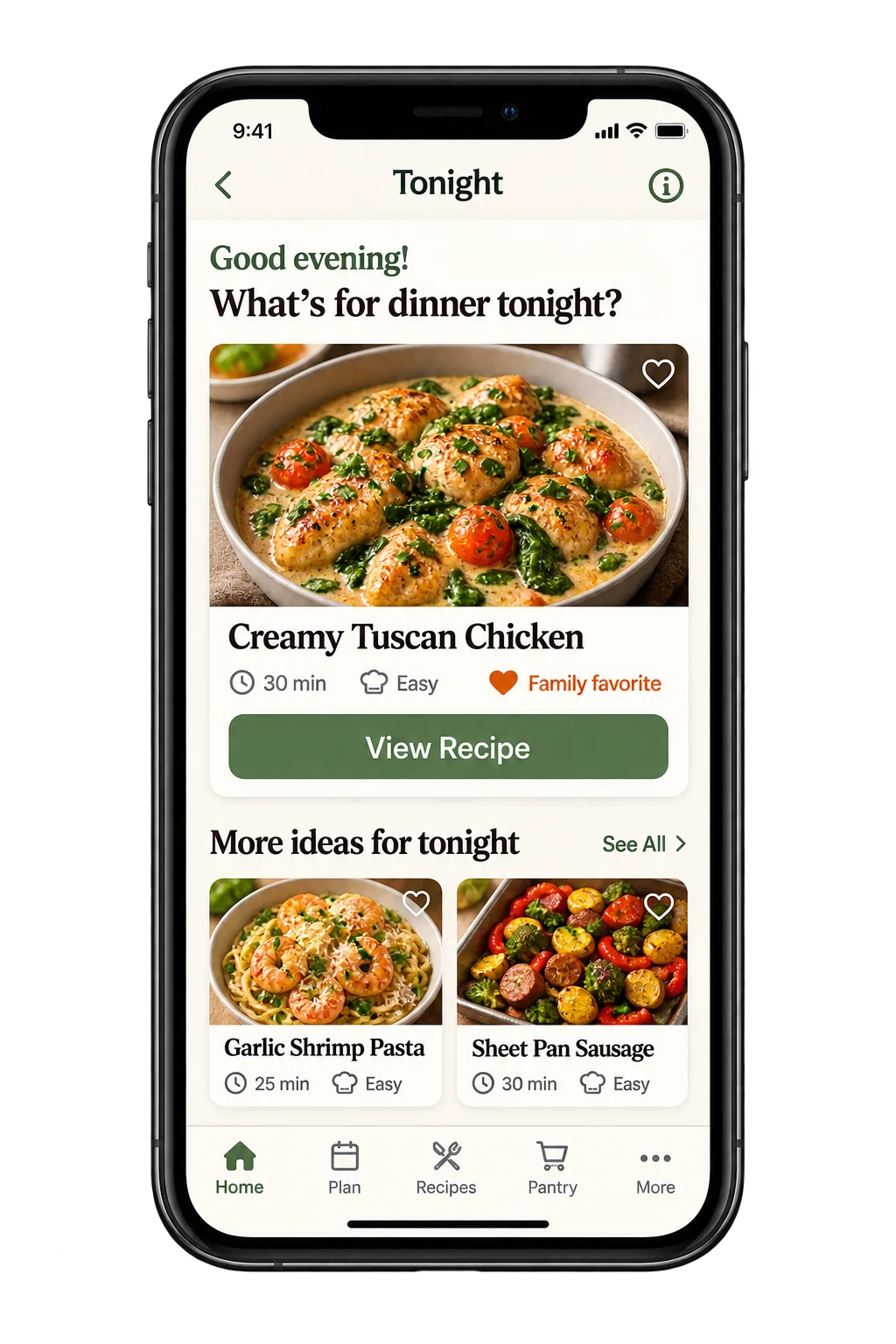 GravyTime Tonight screen with dinner inspiration and a featured recipe.